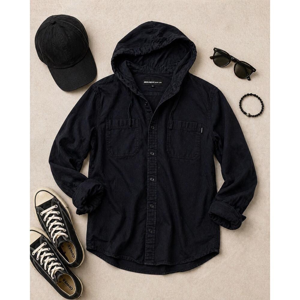 Molokai Surf Co Men’s Navy Blue Hooded Button Up Shirt Cotton Relaxed Medium